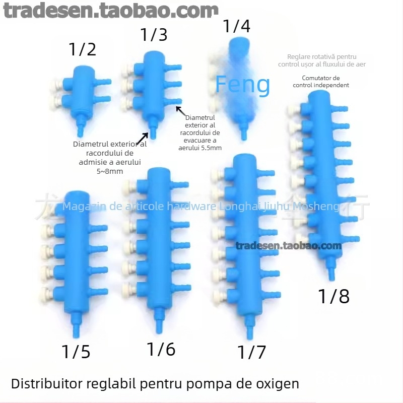 Tub de oxigen pentru acvariu, distribuitor din plastic, pompă de oxigen, supapă de reglare a volumului de oxigen, deviator de pompă de oxigen pentru acvariu