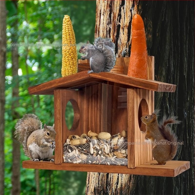 Hrănitoare de veverițe din lemn pentru grădină în aer liber, hrănitoare pentru păsări, casă pentru păsări, platformă pentru colibri, agățat, decorare de grădină din lemn masiv