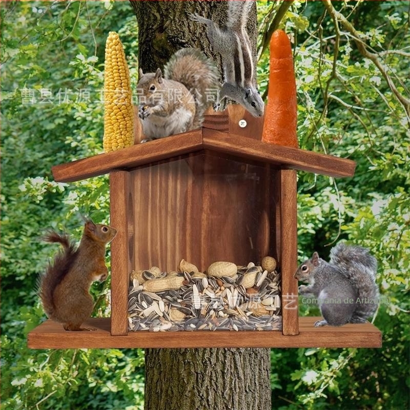 Hrănitoare de veverițe din lemn pentru grădină în aer liber, hrănitoare pentru păsări, casă pentru păsări, platformă pentru colibri, agățat, decorare de grădină din lemn masiv