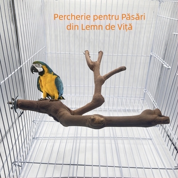 Stație de păsări din lemn cu struguri dubli naturali, suport pentru papagal, biban pentru păsări, gheare de măcinare, pol pentru stație de păsări cu bifurcație, struguri din lemn, jucărie