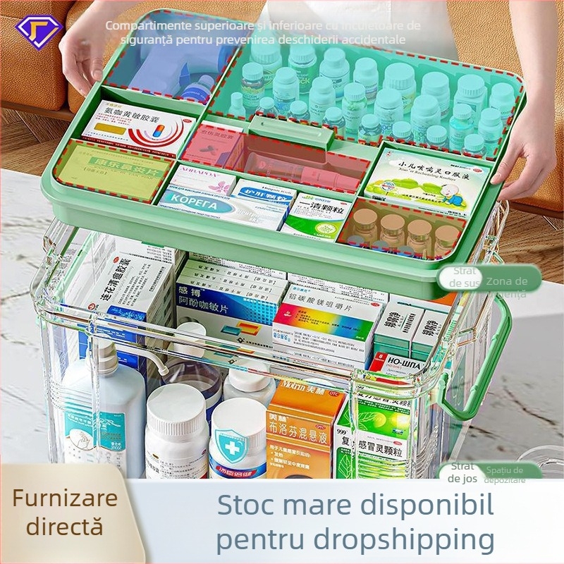 Cutie de medicamente de uz casnic, compartiment de mare capacitate, rezistentă la umiditate și mucegai, cutie de depozitare a medicamentelor multistrat, cutie de prim ajutor, cutie transparentă vizibilă pentru medicamente