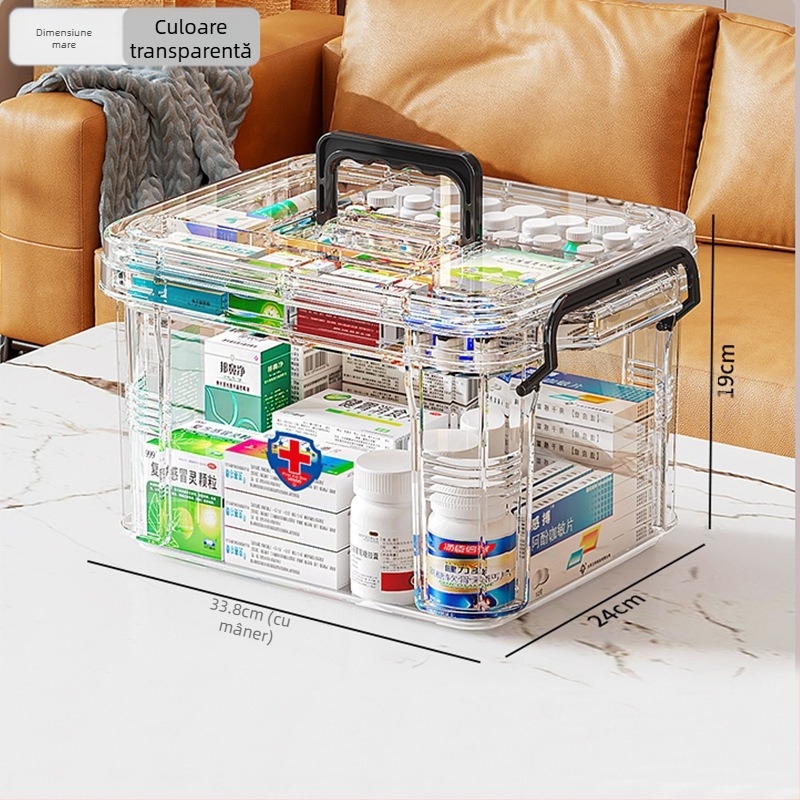 Cutie de medicamente de uz casnic, compartiment de mare capacitate, rezistentă la umiditate și mucegai, cutie de depozitare a medicamentelor multistrat, cutie de prim ajutor, cutie transparentă vizibilă pentru medicamente