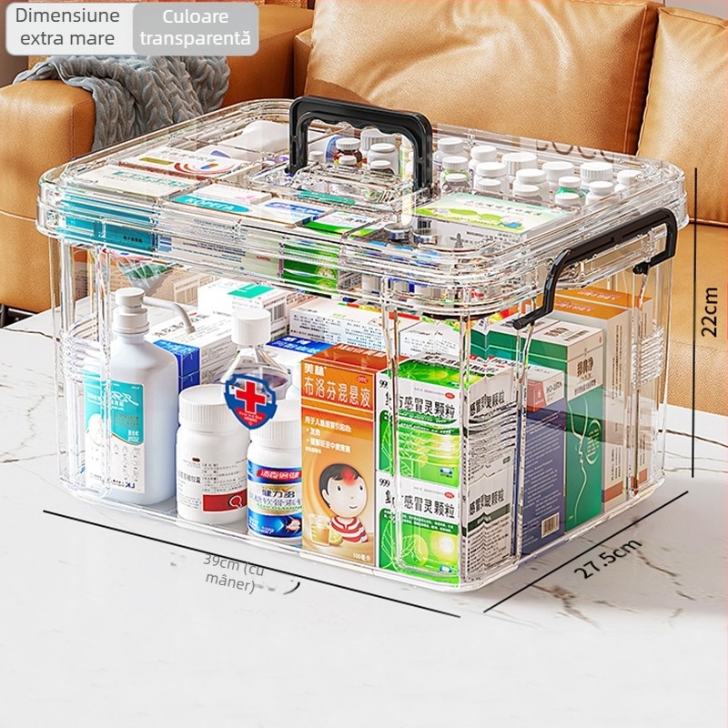 Cutie de medicamente de uz casnic, compartiment de mare capacitate, rezistentă la umiditate și mucegai, cutie de depozitare a medicamentelor multistrat, cutie de prim ajutor, cutie transparentă vizibilă pentru medicamente