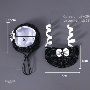 Pălărie Chanel țesută cu flori și fundă, bavetă cu dantelă, set de accesorii pentru animale de companie, pisică și câini, model Camelia