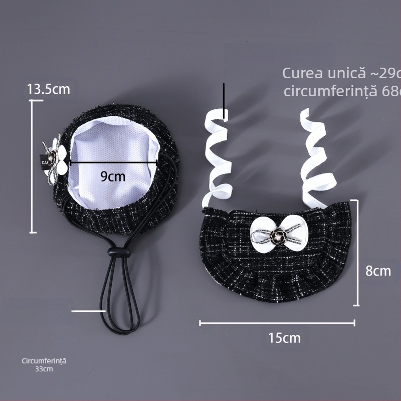 Pălărie Chanel țesută cu flori și fundă, bavetă cu dantelă, set de accesorii pentru animale de companie, pisică și câini, model Camelia