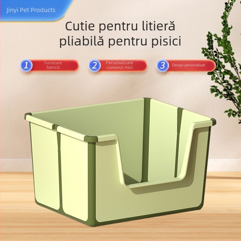 Toaletă pliabilă deschisă pentru pisici, anti-stropire, bazin de așternut pentru pisici, ușor de curățat, pliabilă, cu spațiu mare, pentru pisici