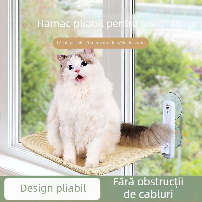Hamac pentru pisici cu ventuze pentru geam – pat de soare pentru balcon, detașabil și lavabil