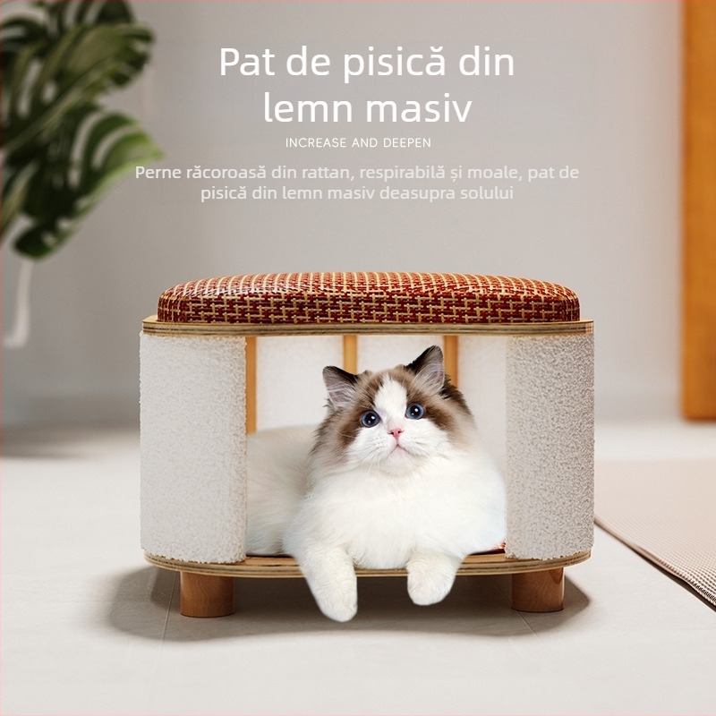 Pat de vară pentru pisici, pentru oameni și pisici, potrivit pentru toate anotimpurile, casă pentru pisoi mici, covoraș din lemn masiv, articole pentru animale de companie pentru pisici