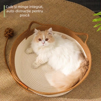 Cuib din frânghie de bumbac cu minge cu etichetă din piele, pernă de cuib pentru pisici, pernă