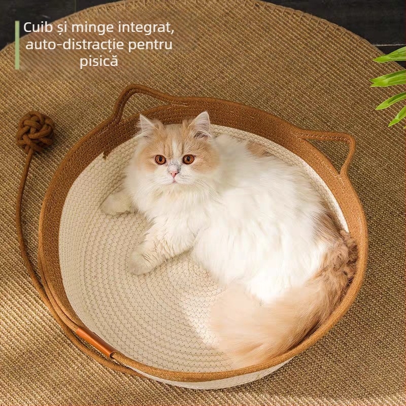 Cuib din frânghie de bumbac cu minge cu etichetă din piele, pernă de cuib pentru pisici, pernă