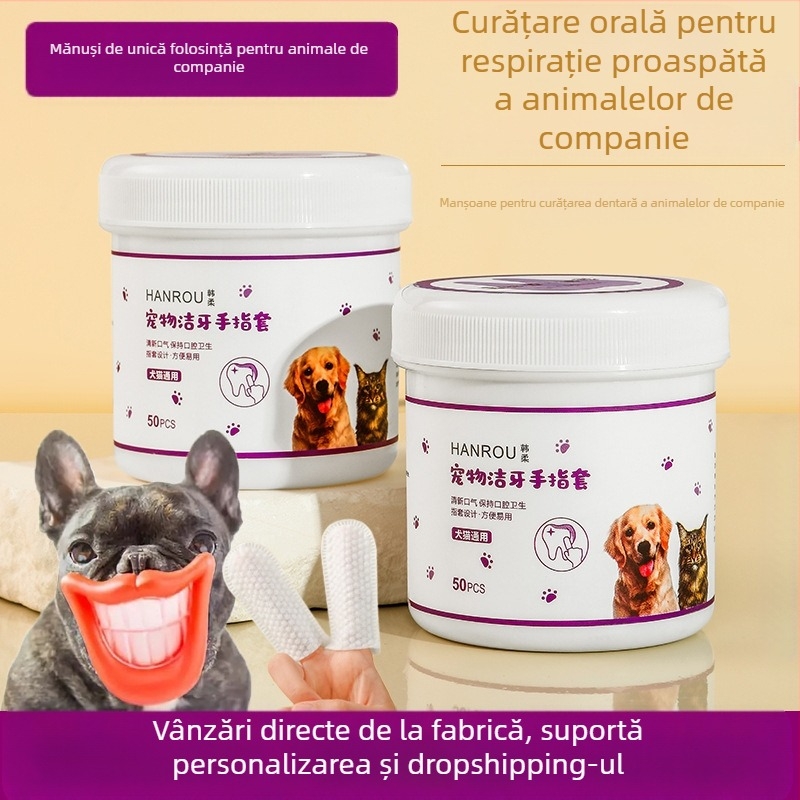 Șervețele de curățare a dinților pentru animale de companie, curățarea orală a dinților pentru câini, îndepărtează tartrul pentru pisici, respirație proaspătă, manșon pentru degetul din piatră
