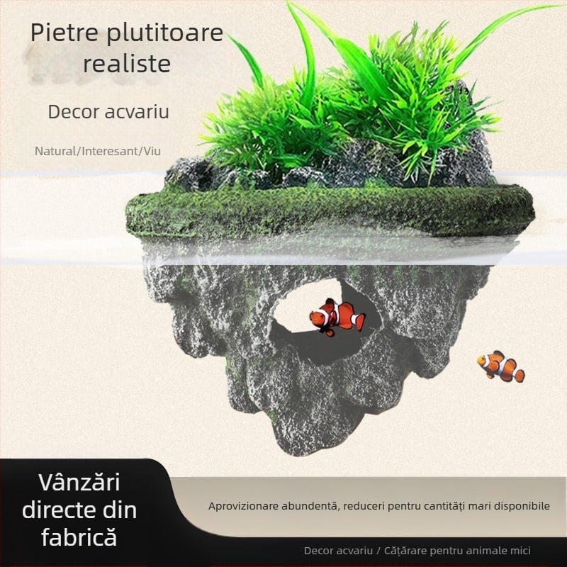 Acvariu amenajare peisagistică piatră suspendată ornamente plutitoare simulare decorare piatră ponce cadru ecologic stâncărie amenajare peisagistică piatră evadare peșteră casă