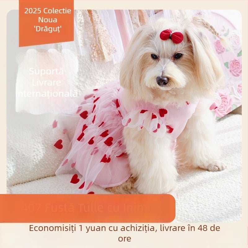 Rochie pentru câini cu mâneci fluturate și plasă cu imprimeu de inimă, respirabilă, potrivită pentru ținute în aer liber primăvara și toamna, îmbrăcăminte pentru pisici și câini, îmbrăcăminte pentru câini