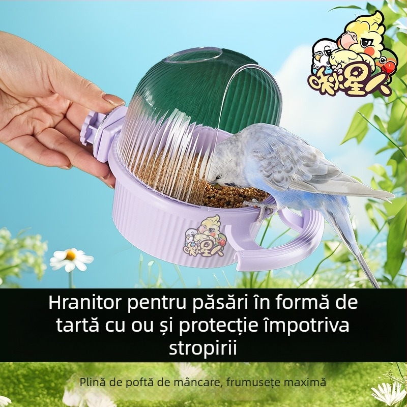 Hrănitoare pentru păsări, rezistentă la stropire, bazin pentru alimente Macaron cu suport panglică, colivie internă fixă încrucișată din mătase, cutie pentru alimente de mare capacitate