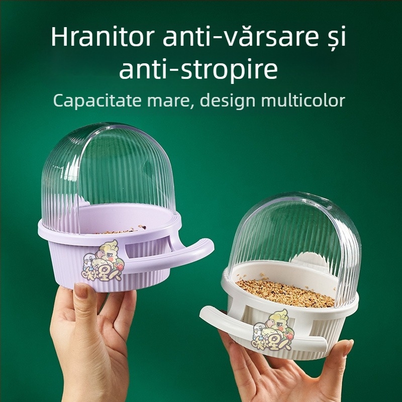 Hrănitoare pentru păsări, rezistentă la stropire, bazin pentru alimente Macaron cu suport panglică, colivie internă fixă încrucișată din mătase, cutie pentru alimente de mare capacitate