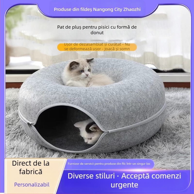 Cuib de pisică din pâslă cu gogoașă transfrontalieră, detașabil și lavabil, închis, pentru animale de companie, tunel universal pentru pisici, pentru patru sezoane