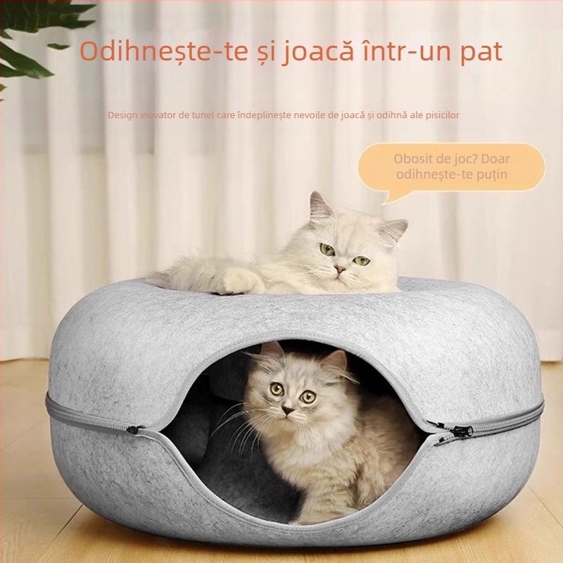 Cuib de pisică din pâslă cu gogoașă transfrontalieră, detașabil și lavabil, închis, pentru animale de companie, tunel universal pentru pisici, pentru patru sezoane
