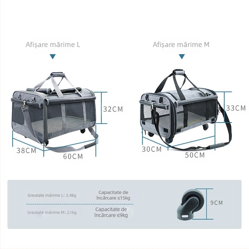 Geantă de plimbare pentru câini de mare capacitate, gata făcută, geantă pentru pisici în aer liber cu roți, geantă portabilă pentru câini cu remorcher pentru două pisici