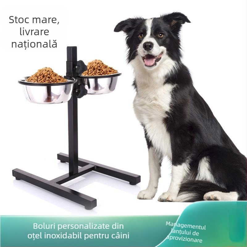 Bol metalic pentru câini cu înălțime reglabilă, veselă pentru animale de companie, suport pentru apă pentru animale de companie, pisici și câini, alimentator cu suport metalic