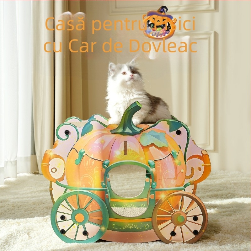 Mașină de dovleac, dublu strat, zgârietură pentru pisici, cuib de pisici integrat, durabil, rezistent la uzură, pentru patru anotimpuri, universal, pentru pisici, jucărie