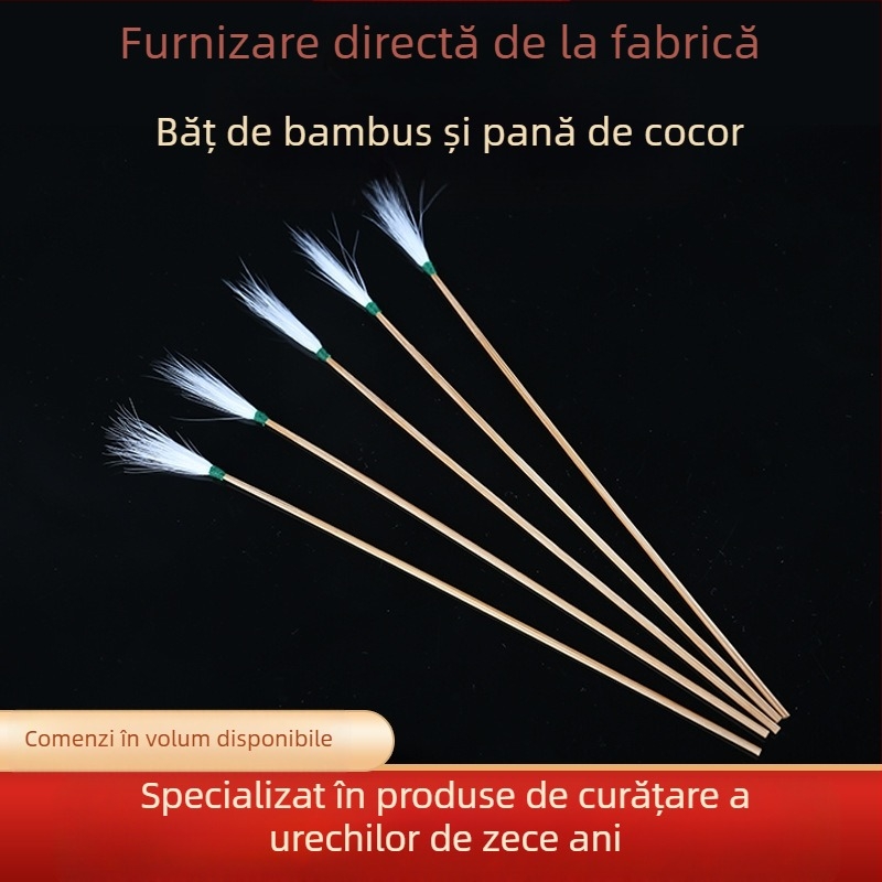 Băț de păr de cocor din bambus cu palmier, pene de pui albe vechi din bambus, conice, pentru cules urechi, instrument de cules urechi de înaltă calitate