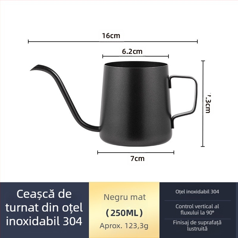 Cafetieră manuală din oțel inoxidabil, mini cafetieră manuală, aparat de cafea cu gură subțire din teflon negru