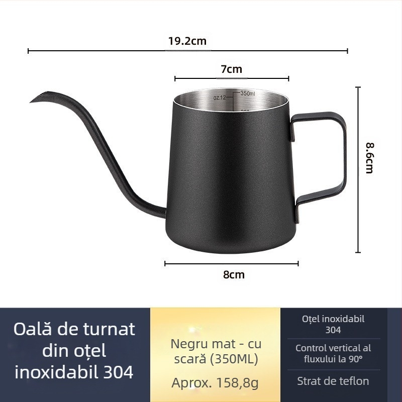 Cafetieră manuală din oțel inoxidabil, mini cafetieră manuală, aparat de cafea cu gură subțire din teflon negru