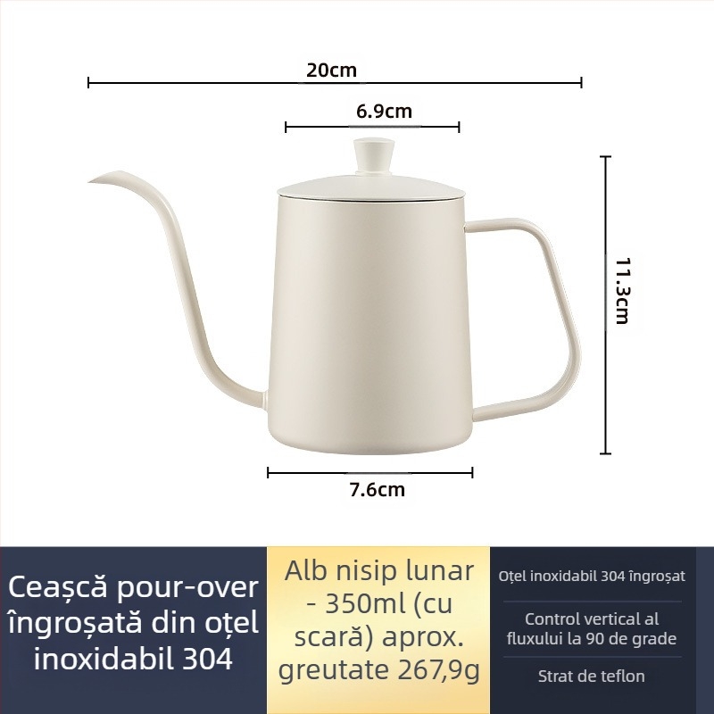 Cafetieră manuală din oțel inoxidabil, mini cafetieră manuală, aparat de cafea cu gură subțire din teflon negru