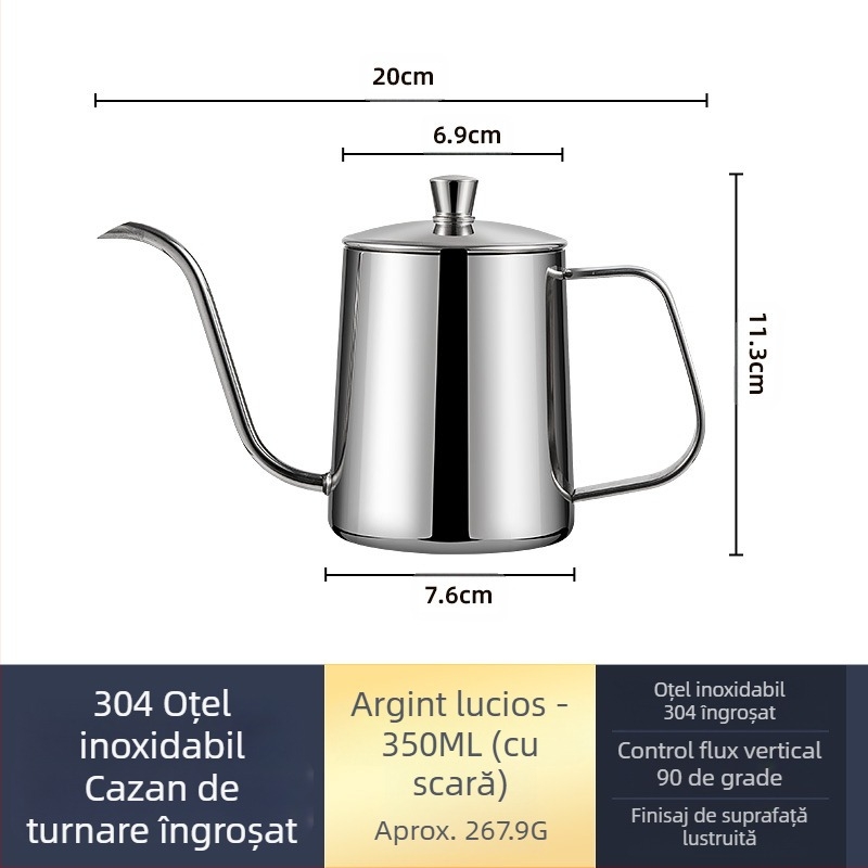 Cafetieră manuală din oțel inoxidabil, mini cafetieră manuală, aparat de cafea cu gură subțire din teflon negru