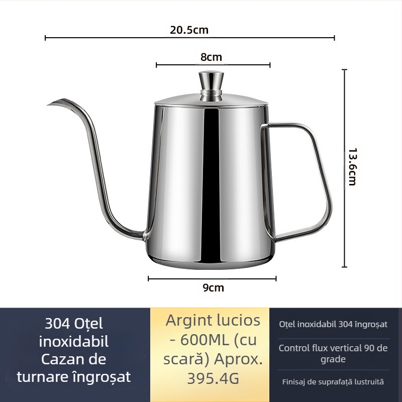 Cafetieră manuală din oțel inoxidabil, mini cafetieră manuală, aparat de cafea cu gură subțire din teflon negru