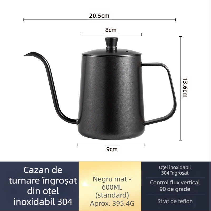 Cafetieră manuală din oțel inoxidabil, mini cafetieră manuală, aparat de cafea cu gură subțire din teflon negru