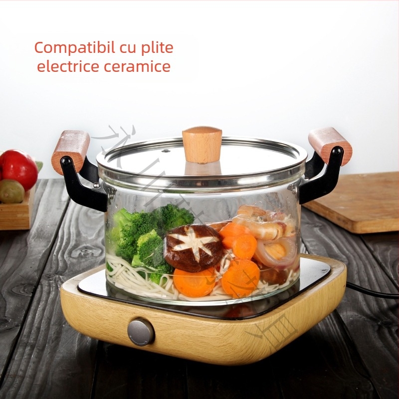 Oală transparentă borosilicată, oală din sticlă cu două urechi, oală pentru supă, oală pentru tocană, oală de uz casnic rezistentă la temperaturi ridicate, abur pe gaz, rezistentă la căldură