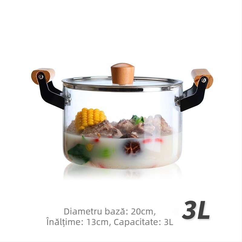 Oală transparentă borosilicată, oală din sticlă cu două urechi, oală pentru supă, oală pentru tocană, oală de uz casnic rezistentă la temperaturi ridicate, abur pe gaz, rezistentă la căldură