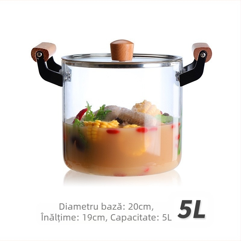 Oală transparentă borosilicată, oală din sticlă cu două urechi, oală pentru supă, oală pentru tocană, oală de uz casnic rezistentă la temperaturi ridicate, abur pe gaz, rezistentă la căldură