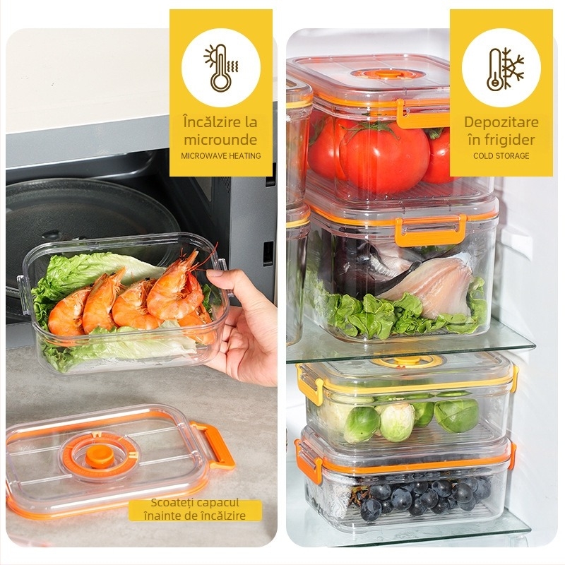 Cutie de depozitare sigilată în vid din plastic de calitate alimentară, cu microunde, încălzire, frigider de uz casnic, cutie de depozitare a alimentelor și legumelor