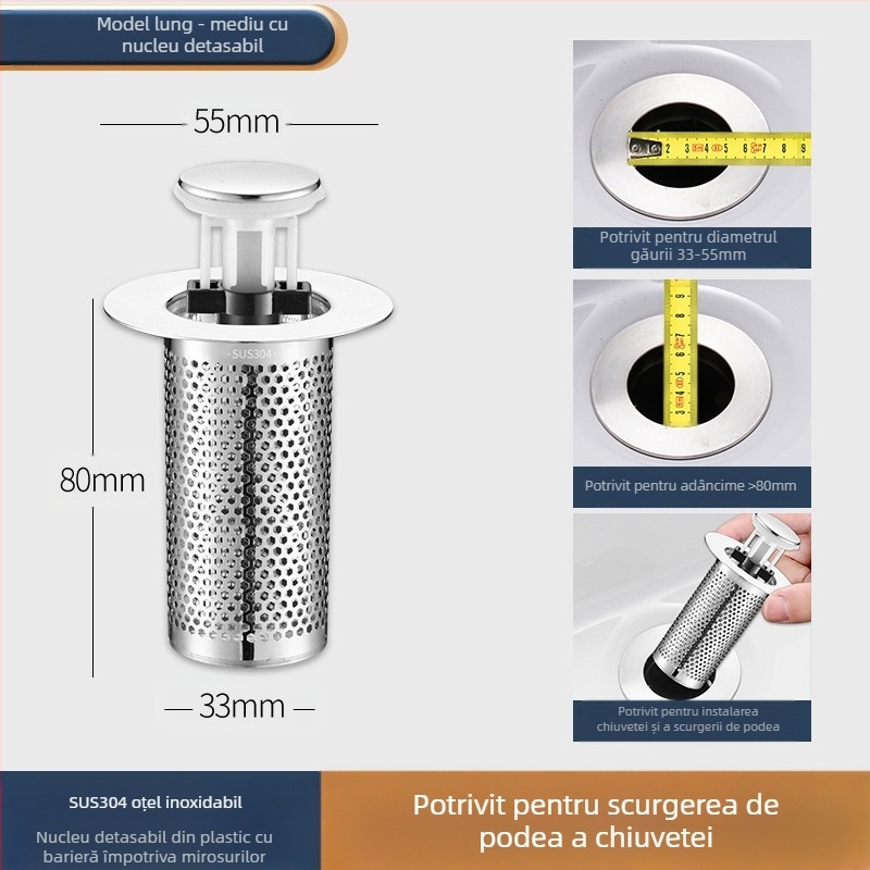 Dop de scurgere pentru lavoar, din oțel inoxidabil, deodorant, cu miez de respingere, tip presă, scurgere pentru lavoar, accesorii universale