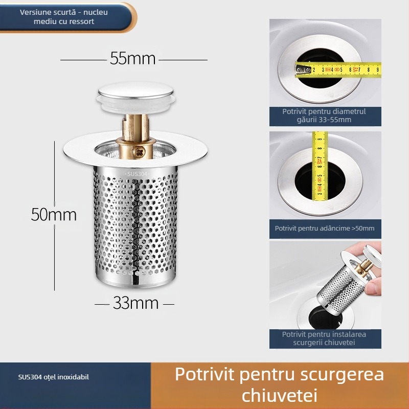 Dop de scurgere pentru lavoar, din oțel inoxidabil, deodorant, cu miez de respingere, tip presă, scurgere pentru lavoar, accesorii universale