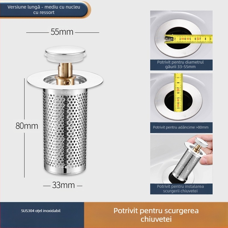 Dop de scurgere pentru lavoar, din oțel inoxidabil, deodorant, cu miez de respingere, tip presă, scurgere pentru lavoar, accesorii universale