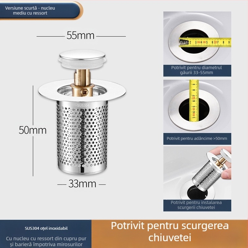 Dop de scurgere pentru lavoar, din oțel inoxidabil, deodorant, cu miez de respingere, tip presă, scurgere pentru lavoar, accesorii universale