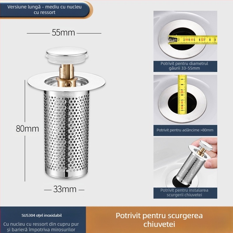 Dop de scurgere pentru lavoar, din oțel inoxidabil, deodorant, cu miez de respingere, tip presă, scurgere pentru lavoar, accesorii universale
