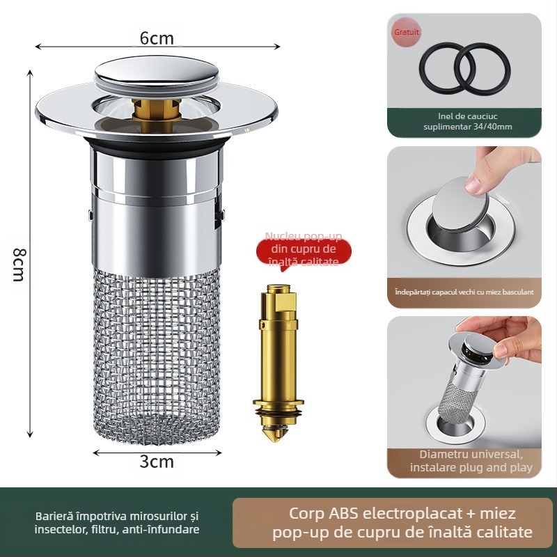 Dop de scurgere pentru lavoar, din oțel inoxidabil, deodorant, cu miez de respingere, tip presă, scurgere pentru lavoar, accesorii universale