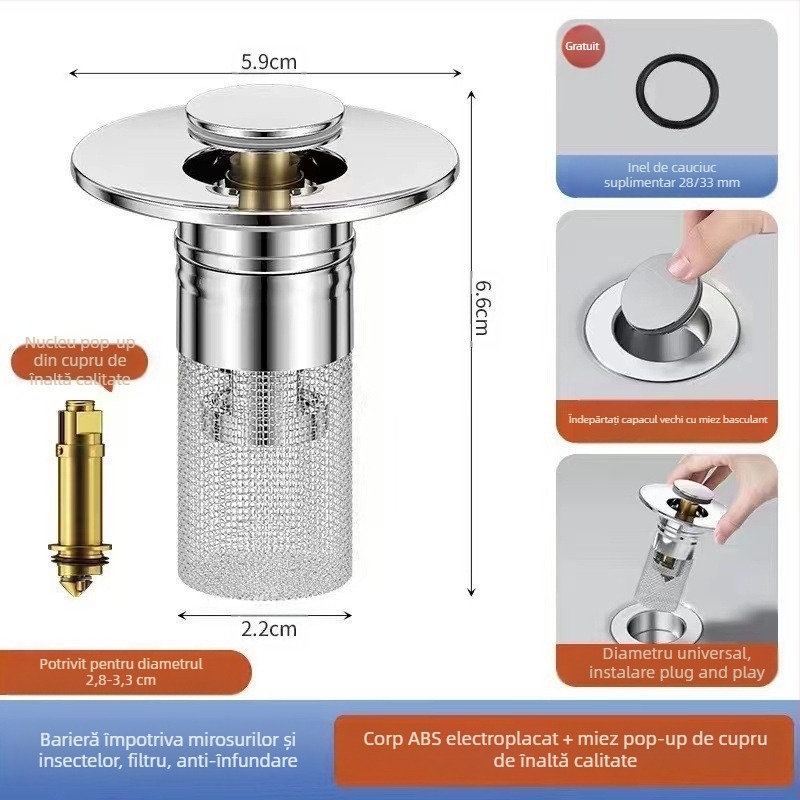 Dop de scurgere pentru lavoar, din oțel inoxidabil, deodorant, cu miez de respingere, tip presă, scurgere pentru lavoar, accesorii universale