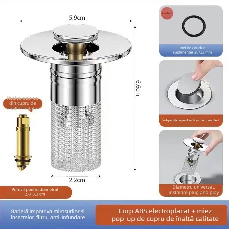 Dop de scurgere pentru lavoar, din oțel inoxidabil, deodorant, cu miez de respingere, tip presă, scurgere pentru lavoar, accesorii universale