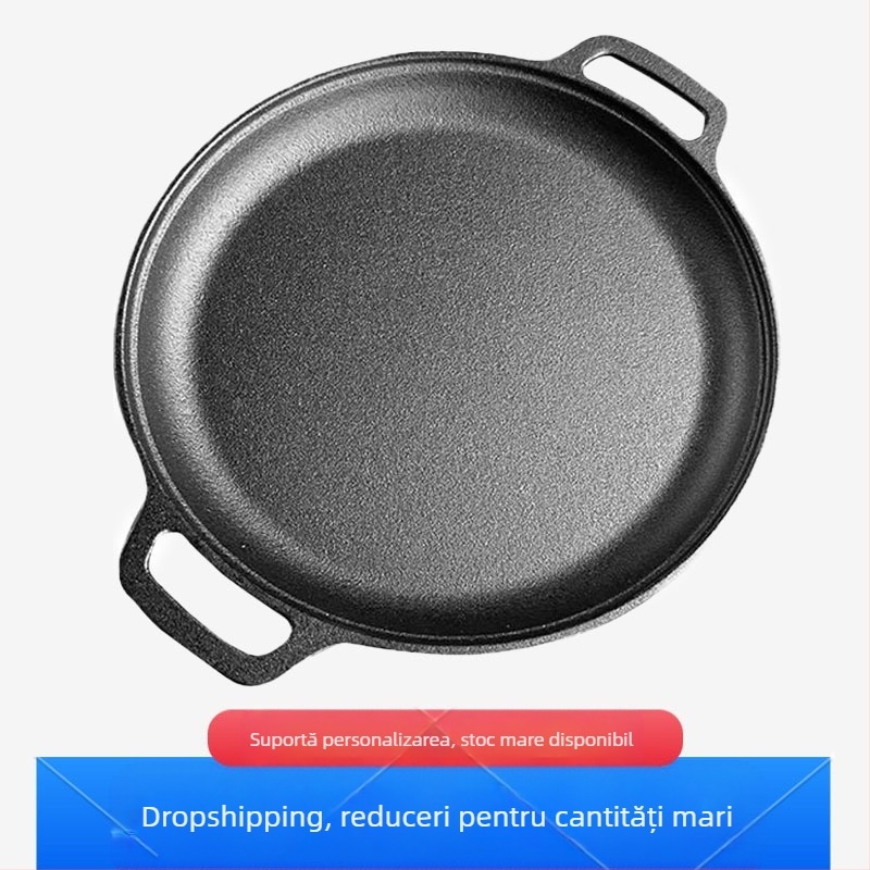 Tigaie de clătite din fontă îngroșată, neacoperită, tigăi din fontă, plită cu două urechi, tigaie de mână pentru clătite, tigaie antiaderentă din fier