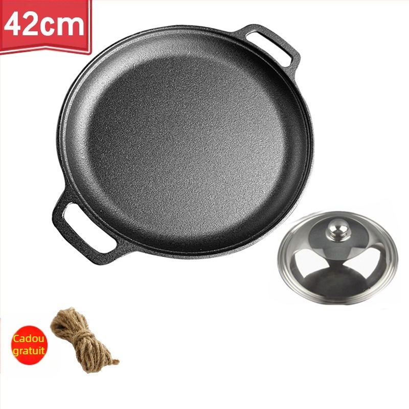 Tigaie de clătite din fontă îngroșată, neacoperită, tigăi din fontă, plită cu două urechi, tigaie de mână pentru clătite, tigaie antiaderentă din fier
