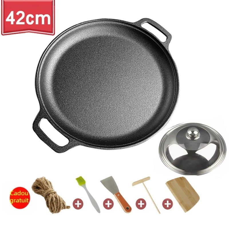 Tigaie de clătite din fontă îngroșată, neacoperită, tigăi din fontă, plită cu două urechi, tigaie de mână pentru clătite, tigaie antiaderentă din fier
