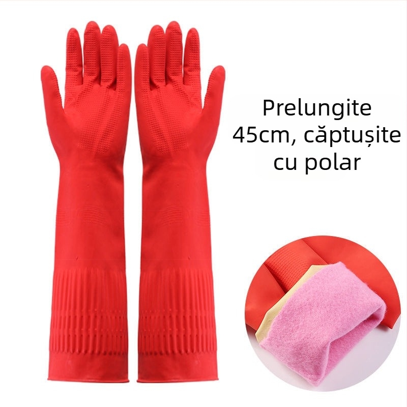 Mănuși de uz casnic din latex pentru spălat vase, cauciuc durabil, lungime extinsă, calde, impermeabile, pentru treburi casnice în bucătărie, curățare antiderapantă