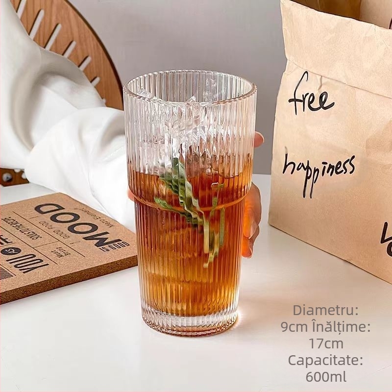 Cupă de ventuză de mare capacitate cu capac, cu dungi verticale, ceașcă de cafea, ceașcă de suc, culoare înaltă, valoare, pahar de ceai cu lapte pentru femei de uz casnic