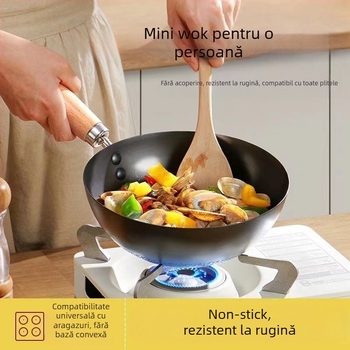 Oală mică de fier, 20 cm, în stil japonez, mini oală plată de uz casnic, neacoperită, cu aragaz cu inducție, potrivită pentru wok mic