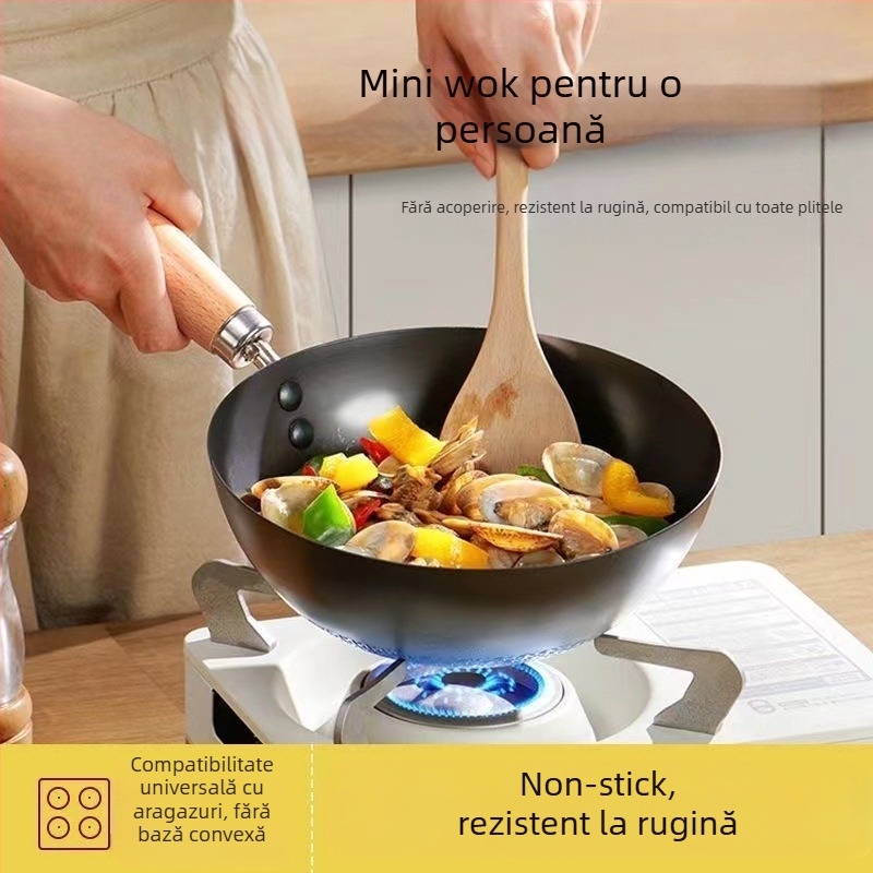Oală mică de fier, 20 cm, în stil japonez, mini oală plată de uz casnic, neacoperită, cu aragaz cu inducție, potrivită pentru wok mic